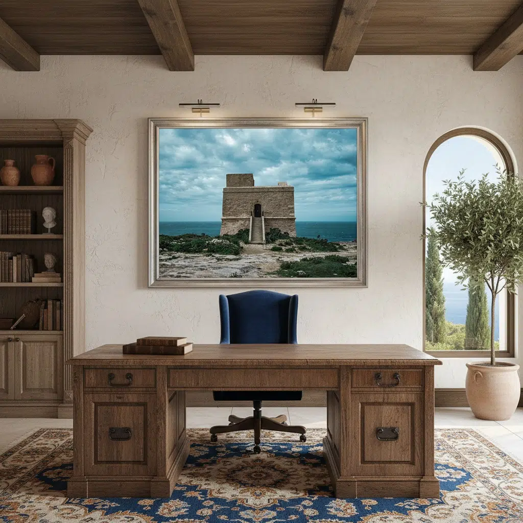 Gozo Dwejra Tower at blue hour, captured with a Canon EOS R and a 24-70mm lens, showcasing its majestic presence within the Maltese landscape, perfect for large-scale prints and digital displays.