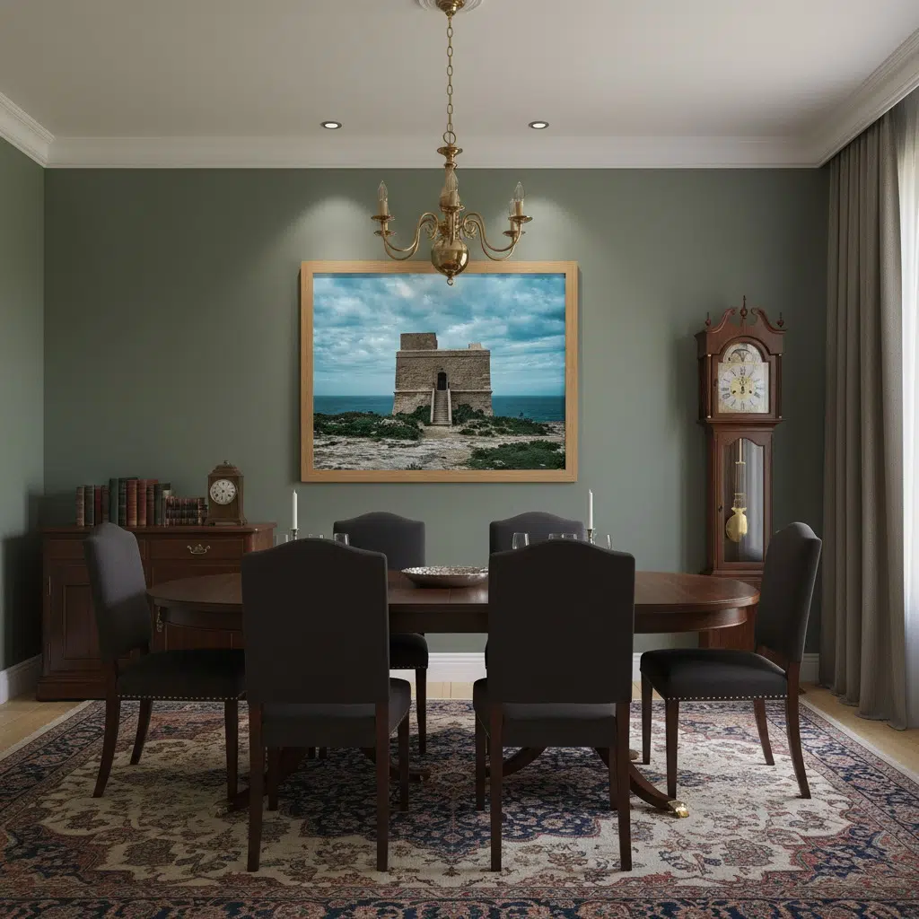 Gozo Dwejra Tower Blue Hour mockup #4 in a lifestyle setting, with the tower visible on a table next to a cup of coffee and a book, suggesting a calm morning or evening scene.