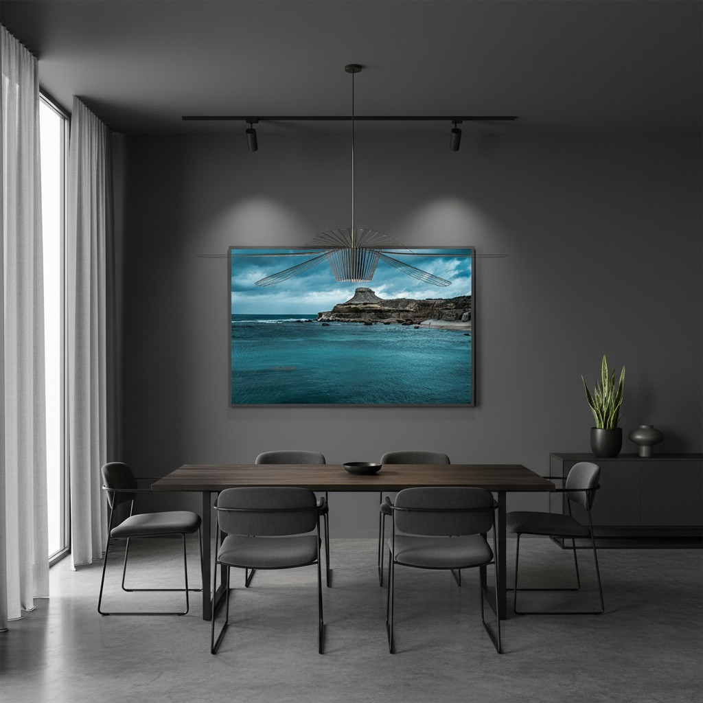 A person stands on a rocky beach at dusk, holding a print of 'Gozo Qbajjar Qolla l-bajda Blue Hour' with the blue hour sky reflected in the wet sand.