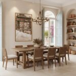 A lifestyle shot of "Valletta Malta Bridge Bar Jazz - Wall Art" hanging on a rustic exposed brick wall in a cozy, stylish living room above a mid-century modern credenza with a record player and a few records. Sunlight streams in from a nearby window, illuminating the artwork and creating a warm, inviting atmosphere.