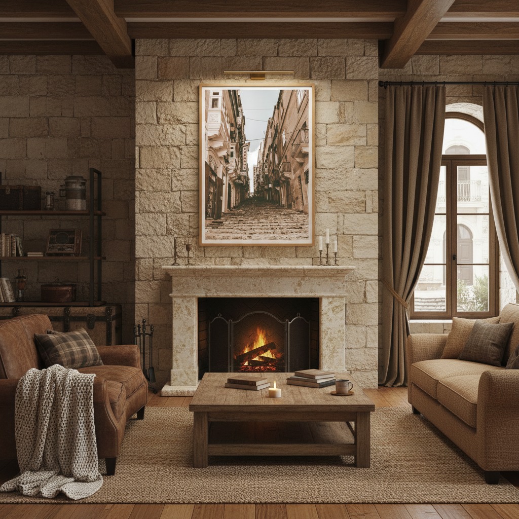 A beautifully decorated living room with a large canvas print of Valletta Malta Grand Harbour Hotel Steps hanging above the sofa, complementing the modern decor.