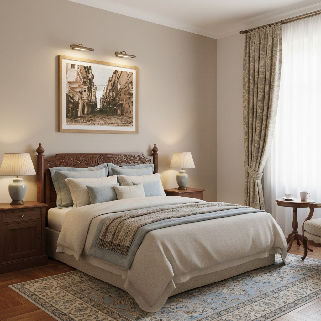 A framed print of the Valletta Malta Grand Harbour Hotel Steps hangs on a light gray wall above a modern, minimalist brown leather sofa with a textured throw blanket and a decorative pillow. A small, light-colored side table with a book and a plant sits to the left of the sofa, and a large window with sheer white curtains is visible in the background, offering a soft, natural light.