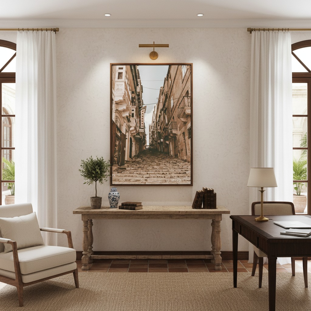 A large, vibrant wall art print featuring the Valletta Malta Grand Harbour Hotel Steps hangs above a modern, light grey sofa in a stylish living room. A potted plant sits on a side table next to the sofa, and natural light streams in from a window, creating a serene and inviting atmosphere.