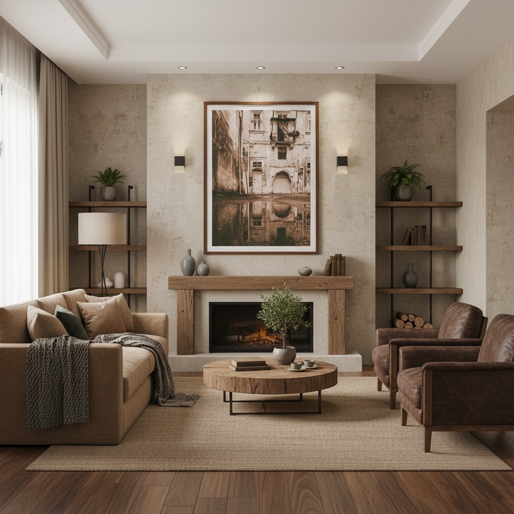 A stylish living room featuring a framed print of a narrow, historic alleyway in Valletta, Malta, with a puddle reflecting the architecture and a person in the distance, above a modern sofa with cushions.