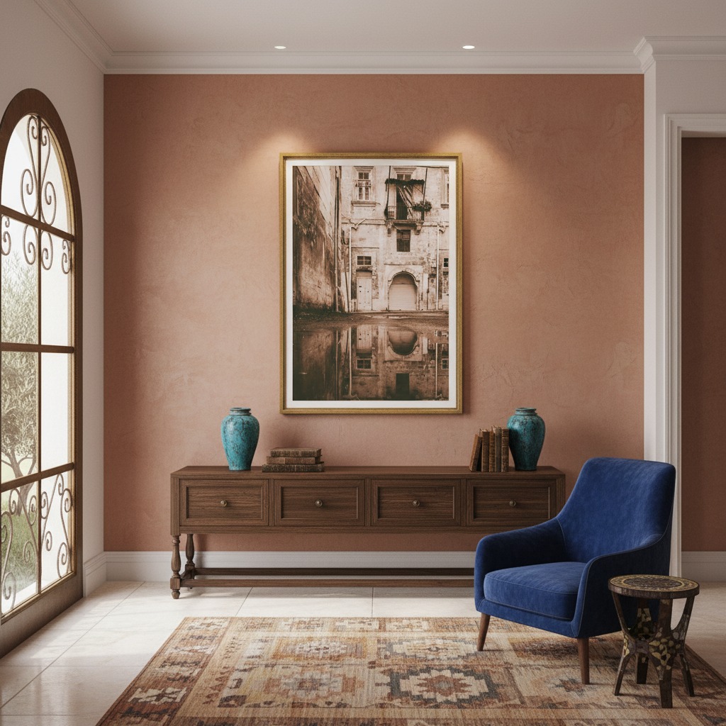 A framed print of a Maltese alleyway reflected in a puddle, hanging on a living room wall above a beige sofa with fluffy pillows and a woven throw, next to a houseplant and a window with natural light.