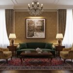 A large, brightly lit living room with a vaulted ceiling and a fireplace. A large, abstract canvas print hangs above the fireplace, depicting a sunny, narrow street in Valletta, Malta, with traditional colorful doors and limestone arches.