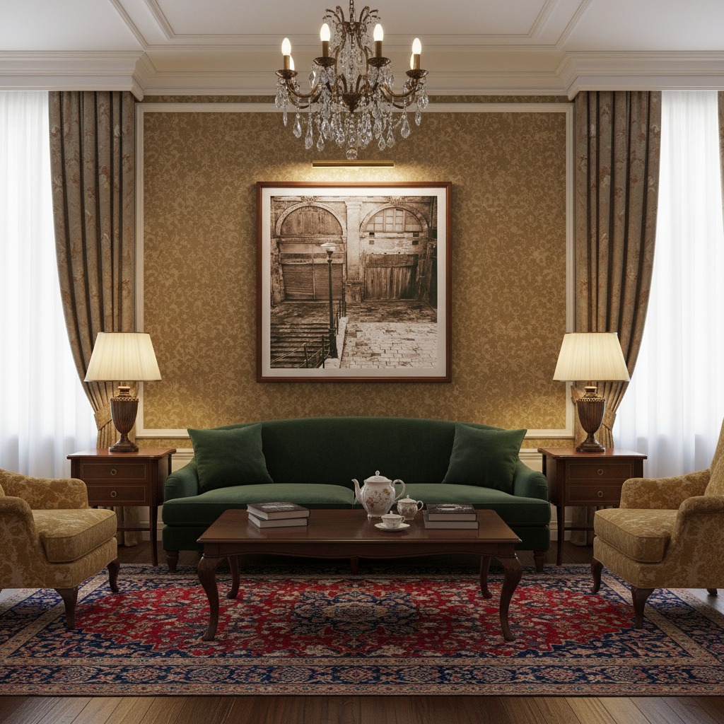 A large, brightly lit living room with a vaulted ceiling and a fireplace. A large, abstract canvas print hangs above the fireplace, depicting a sunny, narrow street in Valletta, Malta, with traditional colorful doors and limestone arches.