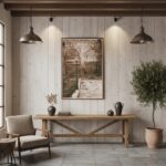 A stunning Valletta, Malta 'Old Doors and Arches' wall art print displayed in a modern, minimalist living room above a grey sofa with a potted plant on a side table.