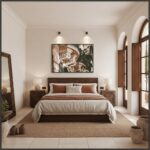 A chic, modern living room with a large window showcasing a cityscape, featuring the "Valletta Malta Ornate Stone Balcony" wall art prominently displayed above a minimalist sofa.