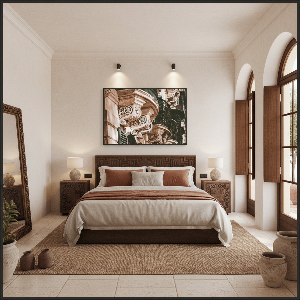 A chic, modern living room with a large window showcasing a cityscape, featuring the "Valletta Malta Ornate Stone Balcony" wall art prominently displayed above a minimalist sofa.
