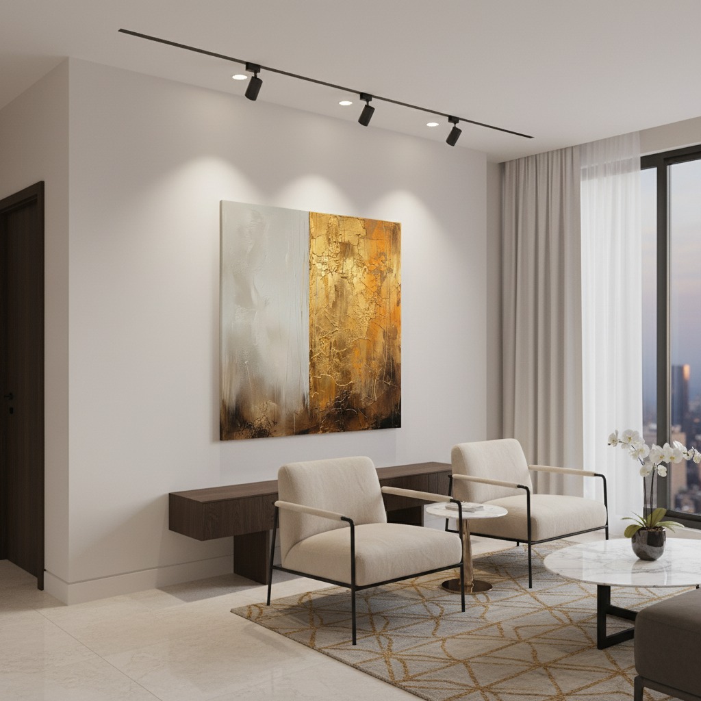 A living room with a modern sofa, a wooden coffee table with books and a cup, and a large "Dusk Gold Fusion Abstract" artwork hanging above the sofa. Soft natural light illuminates the room, creating a warm and inviting atmosphere. The overall style is contemporary and minimalist.