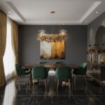 A stylish living room featuring a "Dusk Gold Fusion Abstract" artwork above a minimalist sofa, with warm, inviting lighting and a few decorative accents creating a luxurious and cozy atmosphere.