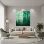 A "Jade Wave Abstract" print is displayed on a wall in a modern living room, with a cozy sofa, natural light, and a few potted plants, creating an inviting and stylish atmosphere.