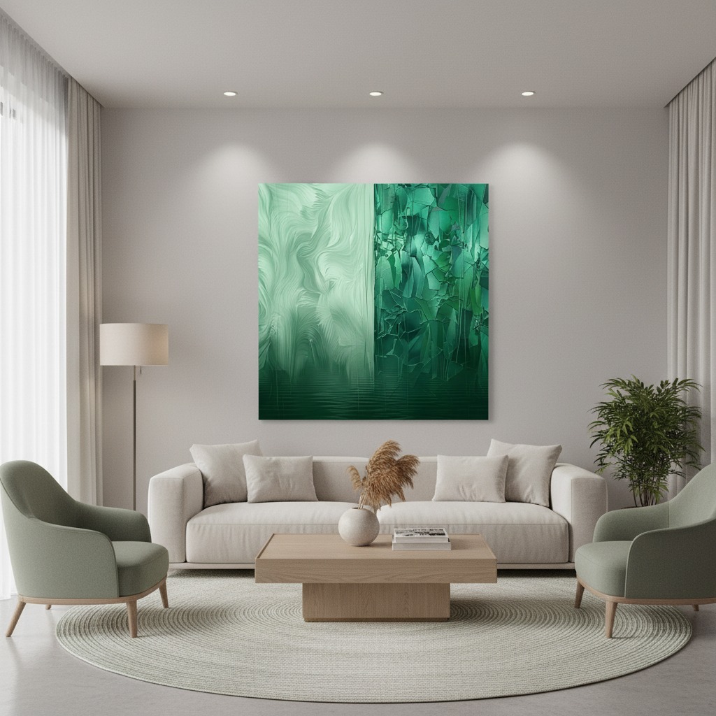 A "Jade Wave Abstract" print is displayed on a wall in a modern living room, with a cozy sofa, natural light, and a few potted plants, creating an inviting and stylish atmosphere.