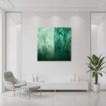 A 'Jade Wave Abstract' print hangs on a light blue wall above a clean, modern wooden sideboard with a green plant and a stack of art books. Sunlight streams in from a nearby window, illuminating the space.