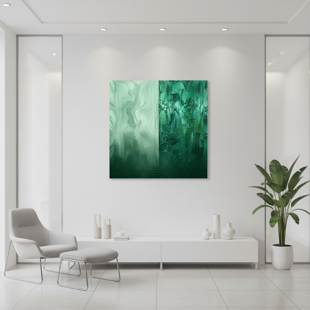 A 'Jade Wave Abstract' print hangs on a light blue wall above a clean, modern wooden sideboard with a green plant and a stack of art books. Sunlight streams in from a nearby window, illuminating the space.