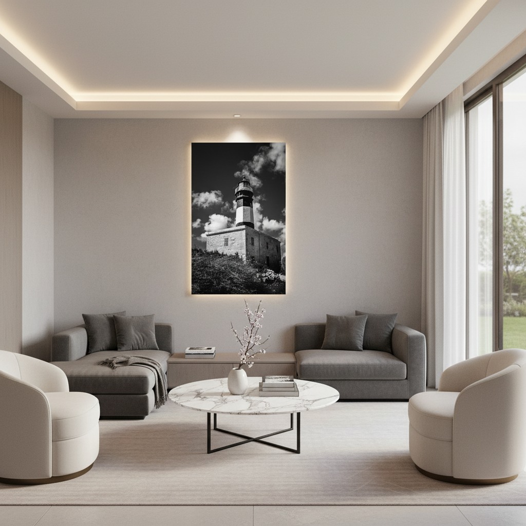 A person gazes at the Malta Marsaxlook Lighthouse at sunset, holding a print of the lighthouse in their hands, with a warm, golden light reflecting on the water.
