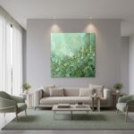 A roll of wallpaper with a mint texture abstract pattern is displayed on a light wooden table, with indirect sunlight casting a soft glow on the scene. A ceramic vase with a few sprigs of eucalyptus sits next to it, adding a touch of natural elegance. The background features a blurred, cozy living room setting, enhancing the lifestyle appeal.