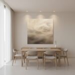 A woman sips coffee in a sunlit, modern living room, with the "Sandy Haze Abstract" art print hanging prominently on the wall showcasing its warm, earthy tones and minimalist design.