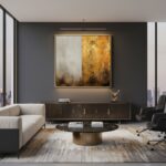A person in a modern, minimalist living room is admiring a framed print of "Dusk Gold Fusion Abstract" hanging on a stark white wall. Sunlight streams in from a large window, highlighting the artwork and creating a warm, inviting atmosphere.