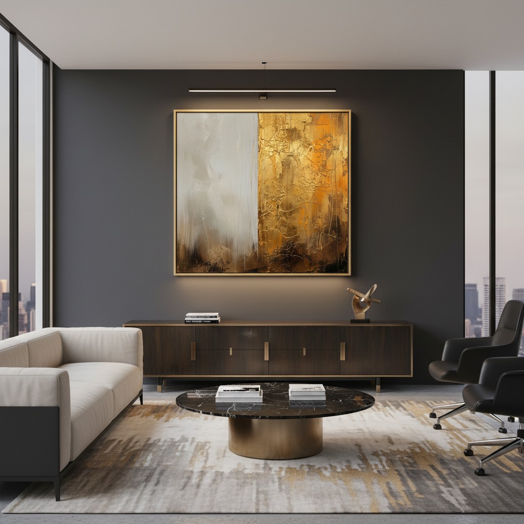 A person in a modern, minimalist living room is admiring a framed print of "Dusk Gold Fusion Abstract" hanging on a stark white wall. Sunlight streams in from a large window, highlighting the artwork and creating a warm, inviting atmosphere.