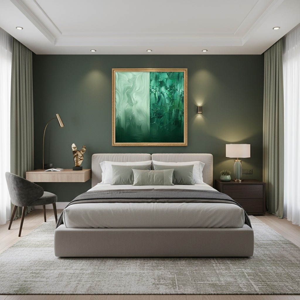 A "Jade Wave Abstract" print hangs on a light gray wall above a minimalist wooden side table with a white ceramic vase holding a few green leaves. The setting is a bright, modern living room.