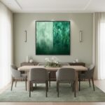 A living room with a "Jade Wave Abstract" print displayed above a fireplace, creating a serene and stylish atmosphere.