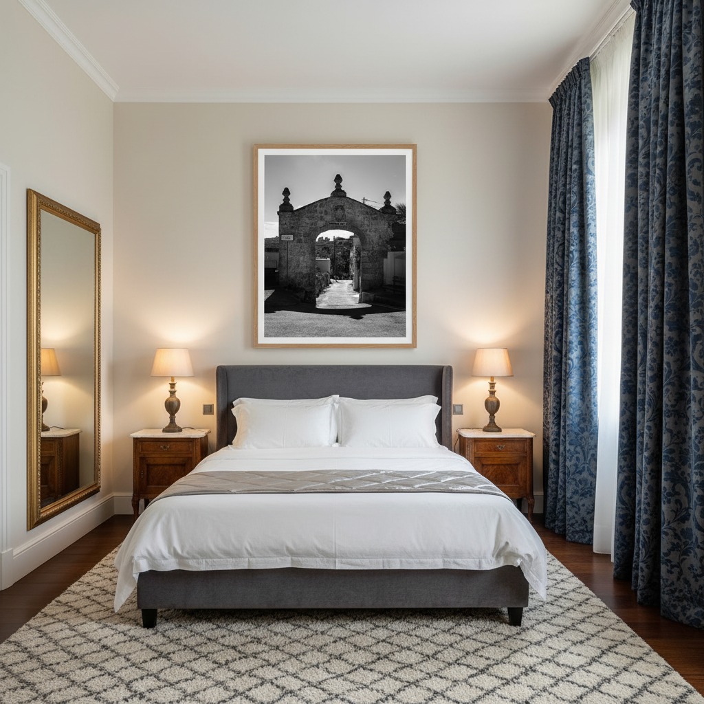 A person walks through the historic archway of Kuncizzjoni Church in Bahrija, Malta, with traditional Maltese architecture and a sunny Mediterranean sky in the background. The archway is adorned with climbing greenery and a rustic wooden door on the right.