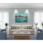 A vibrant, sunny scene showcasing the Malta Marsaxlokk harbour with its traditional fishing boats and colorful waterfront buildings, featuring a product mockup integrated naturally into the lifestyle setting.