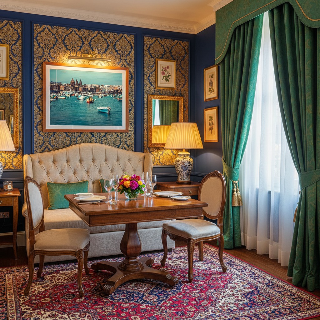 Malta Marsaxlokk harbour mockup with a t-shirt in a lifestyle setting, worn by a man enjoying the view of the harbour with boats and colorful houses