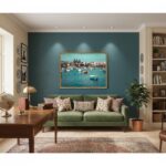 A person holding a smartphone with the "Malta Marsaxlokk harbour" mockup displayed, while sitting at an outdoor cafe with a view of a bustling street.