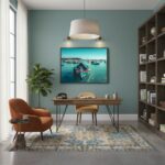 A traditional Maltese fishing boat, known as a Luzzu, with the iconic eye of Osiris, is docked in the Marsaxlokk harbor. The boat is painted in vibrant primary colors - blue, red, and yellow. In the background, there are other colorful Luzzu boats and the charming Marsaxlokk village with its limestone buildings under a clear blue sky, suggesting a bright and sunny day. The scene captures the authentic Mediterranean lifestyle.