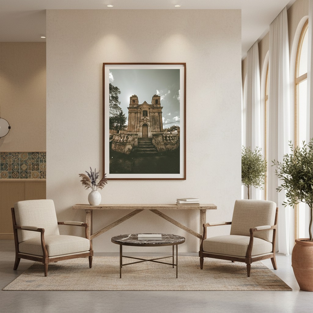 A person walks past the historic Tas-Silg Church in Marsaxlokk, Malta, with traditional Maltese boats visible in the harbor under a clear blue sky.