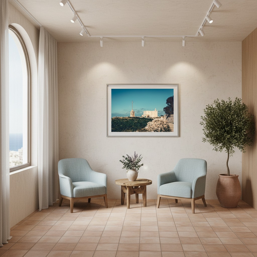 A person in athletic gear stands overlooking a scenic Maltese countryside, with the 'Malta Siggiewi Laferla Cross Countryside' poster art visible in a modern, minimalist frame on a nearby wall, blending art with an active lifestyle.