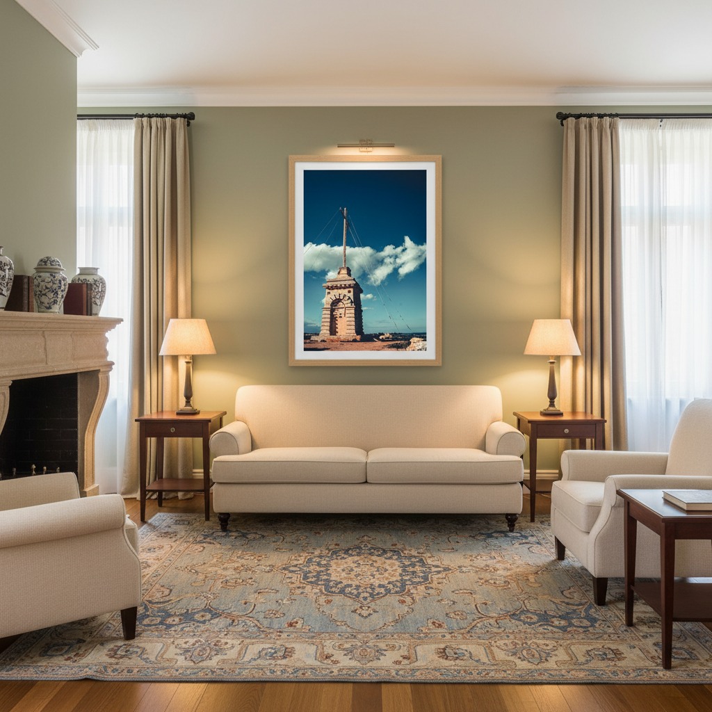 A person applies the "Malta Siggiewi Laferla Cross Portrait" art print, a black and white image of a stone cross, to a white wall in a living room with a green sofa and a plant.