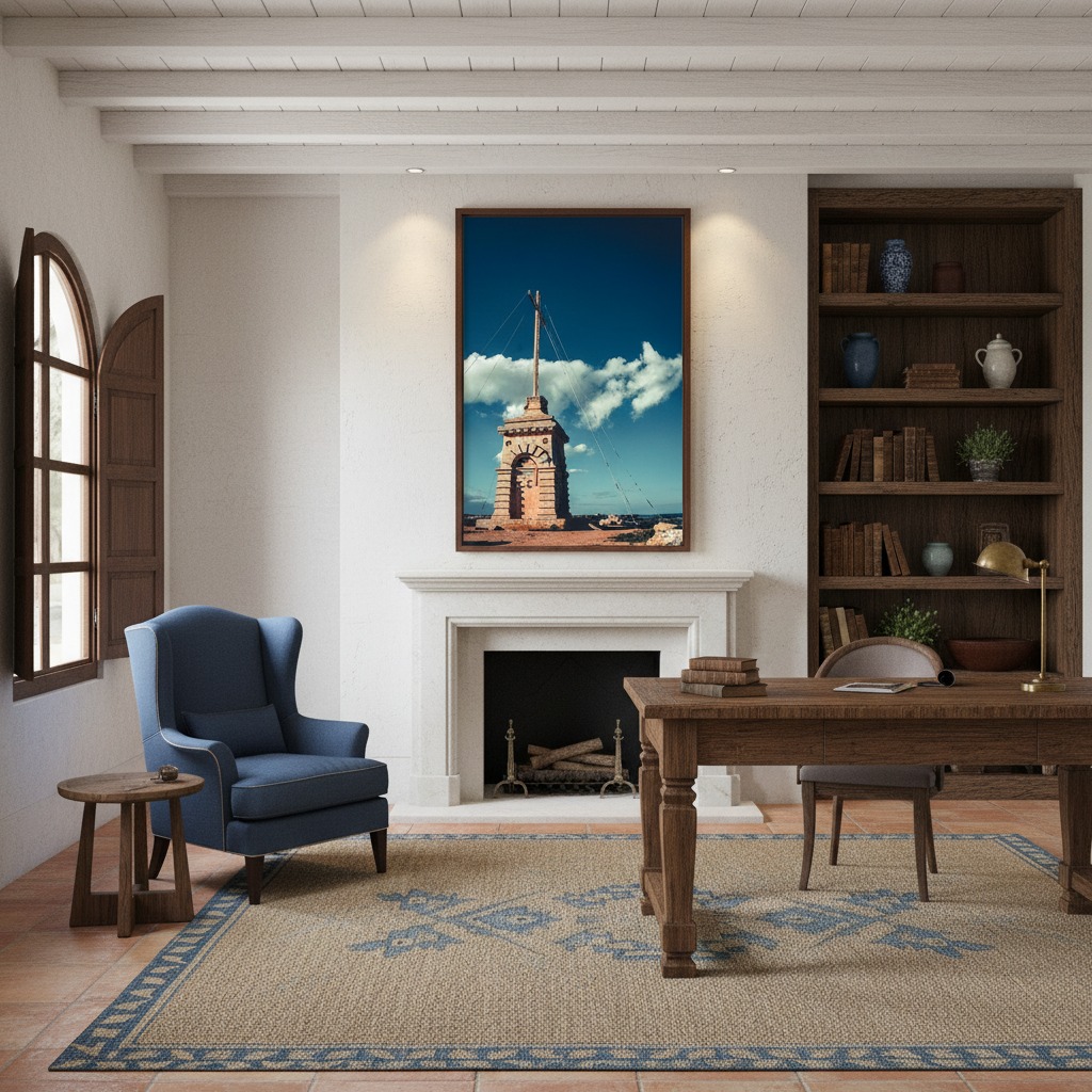 Malta Siggiewi Laferla Cross Portrait mockup #2 in a lifestyle setting, with a person holding the portrait in an outdoor, sunny environment, blurred greenery and historic architecture in the background.