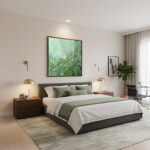 A living room with a sofa, throw pillows, and a framed print of "Mint Texture Abstract" on the wall, showing the artwork in a modern home decor setting.