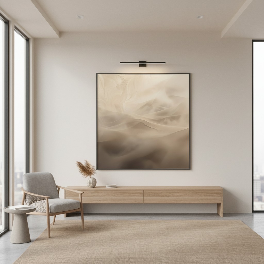 A woman in a modern, sunlit living room is looking at a framed print of Sandy Haze Abstract art hanging on a white wall. A potted plant sits on a minimalist side table next to her.