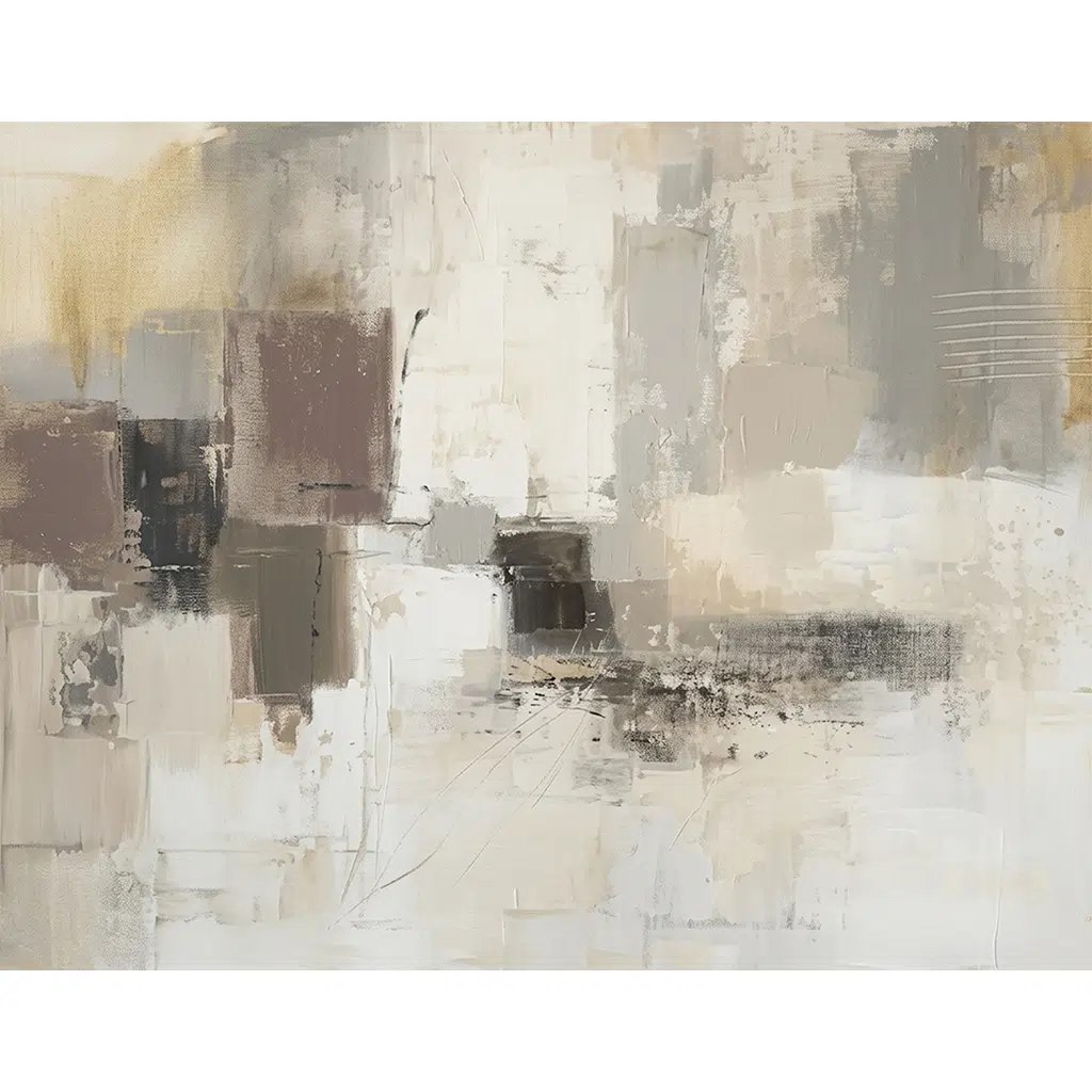 Neutral-toned abstract painting with layered geometric textures