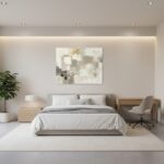 Minimalist modern bedroom with neutral decor and abstract art