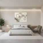 Minimalist modern bedroom with neutral decor and abstract art