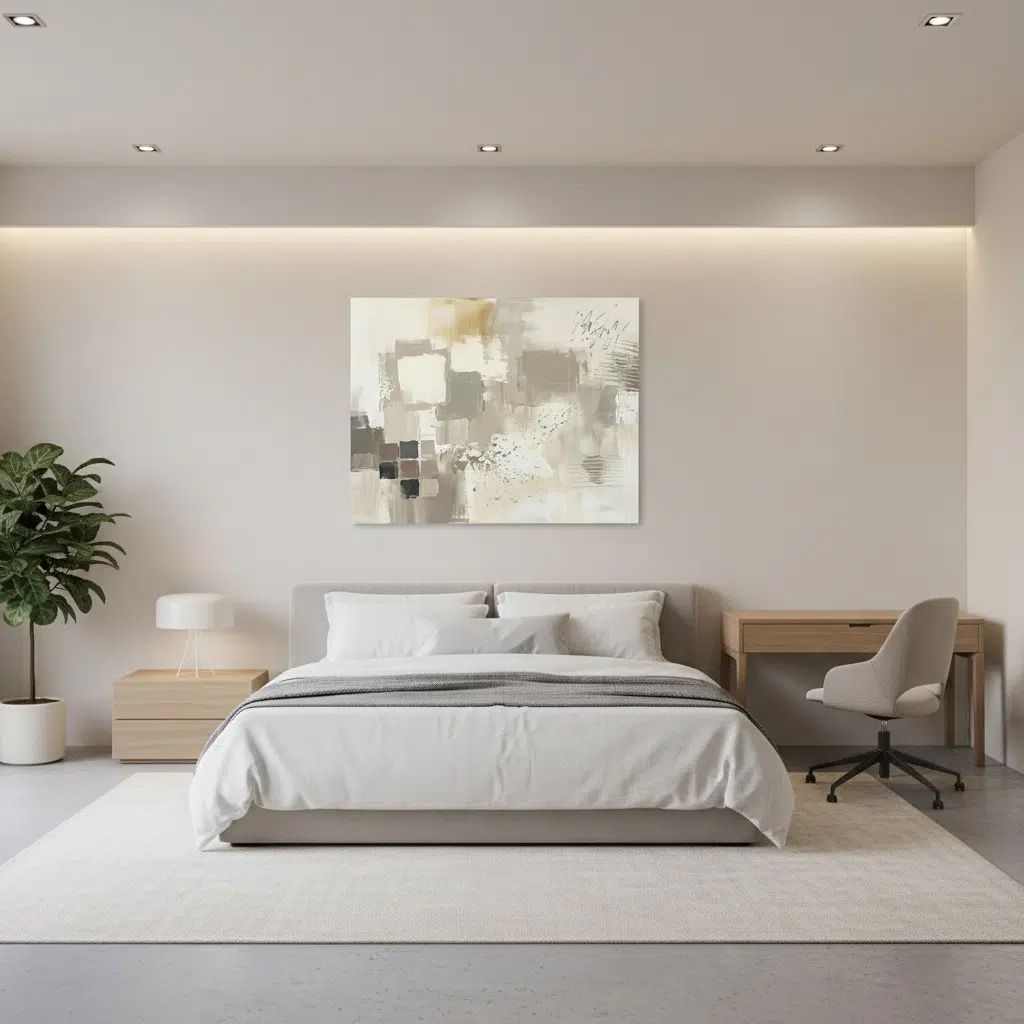 Minimalist modern bedroom with neutral decor and abstract art