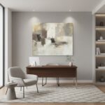 Modern minimalist home office with abstract wall art