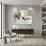Modern minimalist home office with abstract wall art