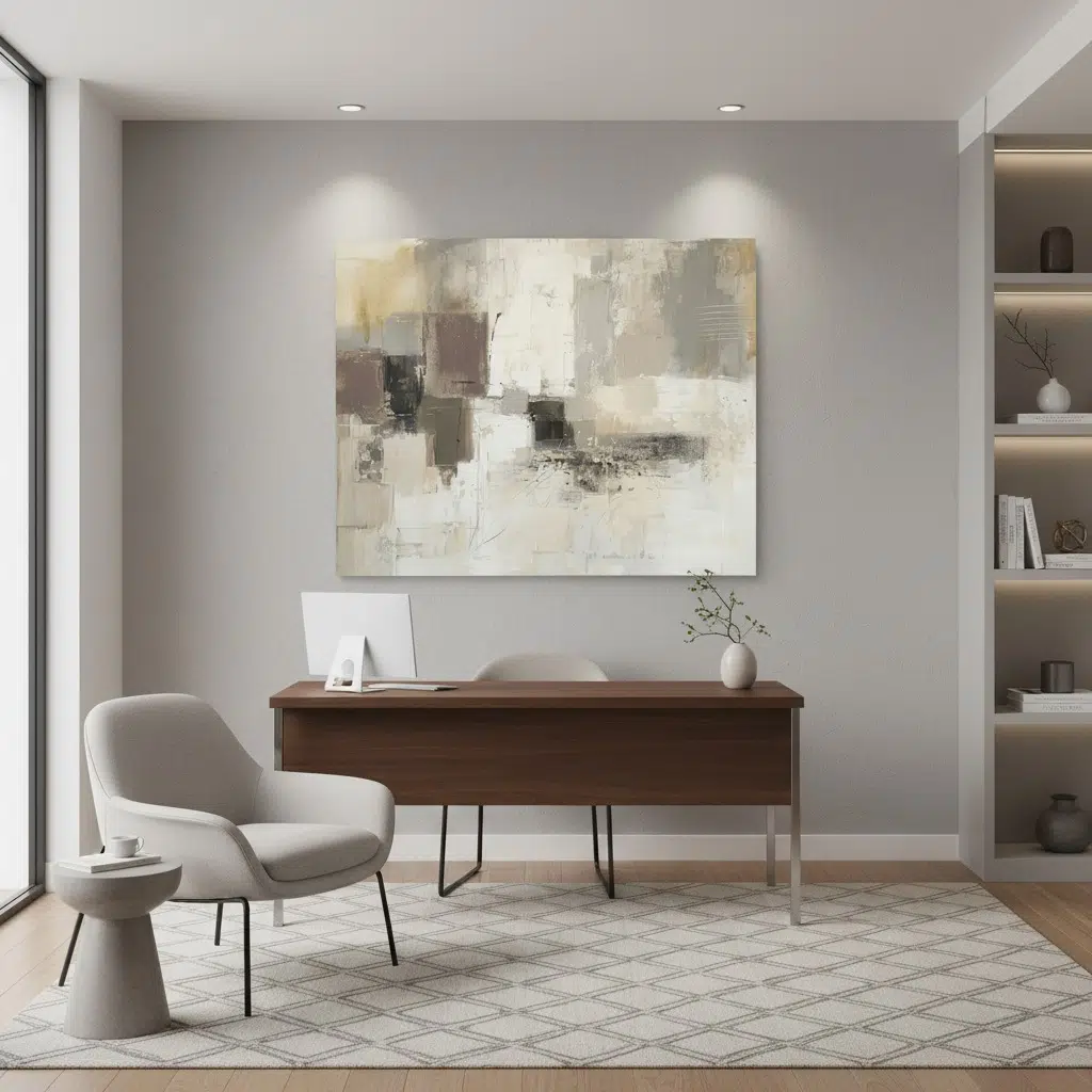 Modern minimalist home office with abstract wall art