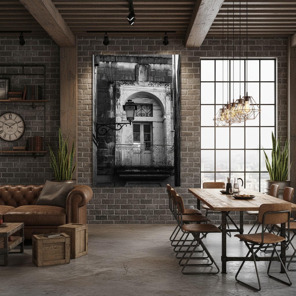Industrial loft living room with brick wall and dining table