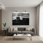 Modern living room with gray sofa and wall art
