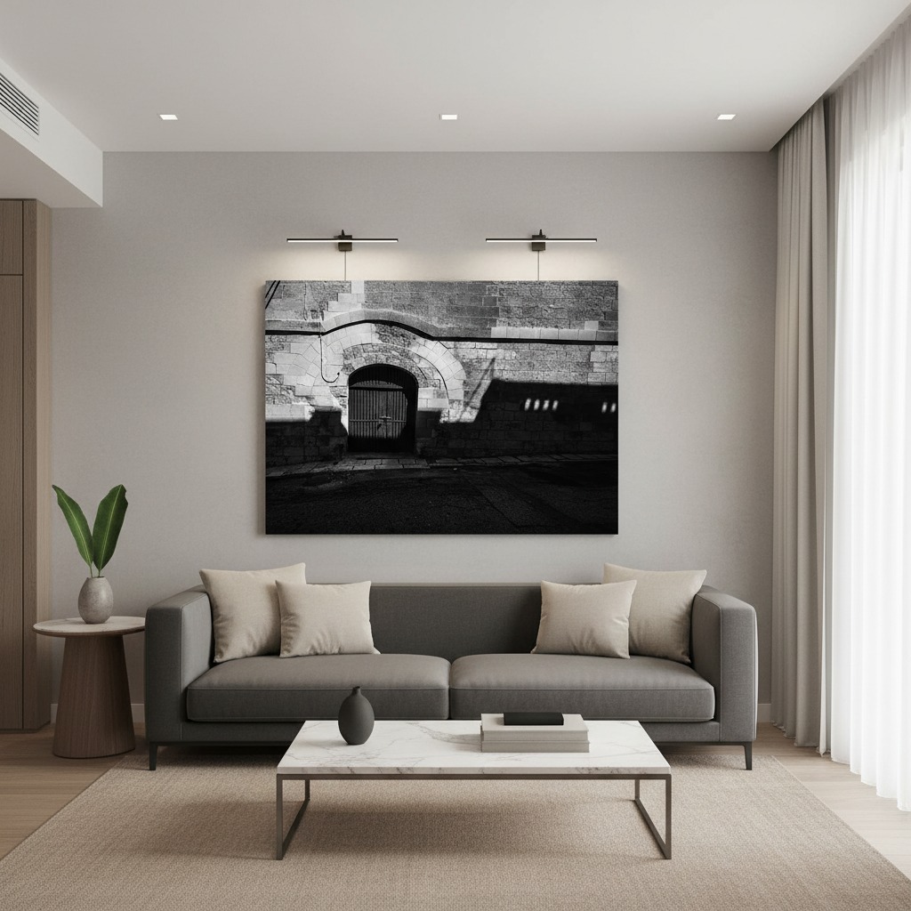 Modern living room with gray sofa and wall art