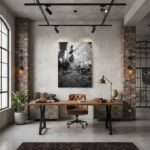 Industrial home office with wooden desk and brick walls