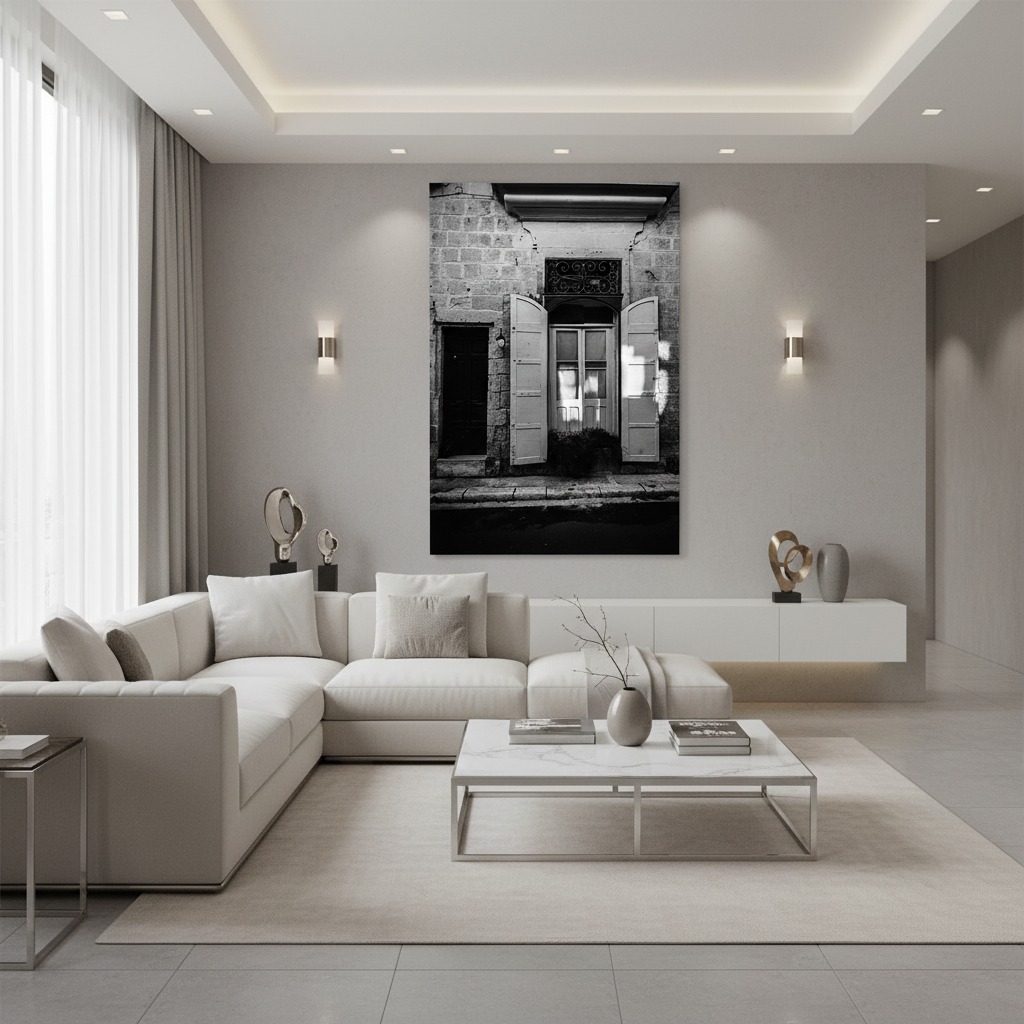 Modern minimalist living room with white sectional sofa